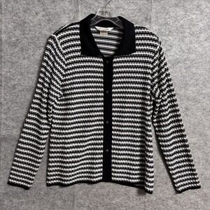 Misook Cardigan Jacket Women M Black White Grid Knit Long‎ Sleeve Career Office